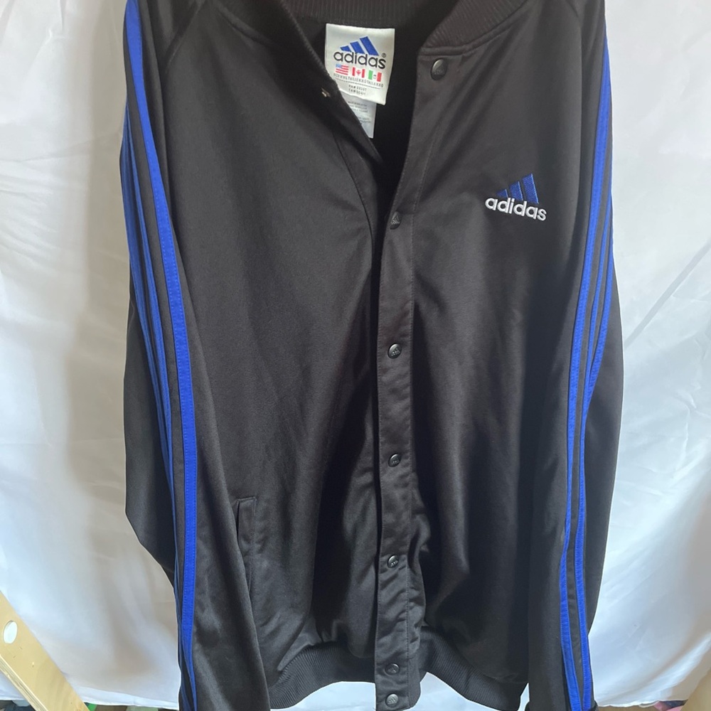 Men’s Vintage 90s Adidas Blue Three Stripe Button Up Track Jacket Size XXL TALL